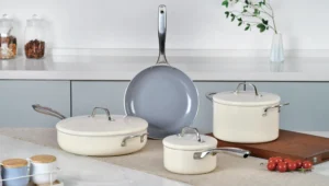 SG 7-Piece Cream Non-Stick Cookware Set | Ceramic Coating | Sauce Pan, Fry Pan, Sauté Pan & Casserole | Stainless Steel Handles | Induction Bottom