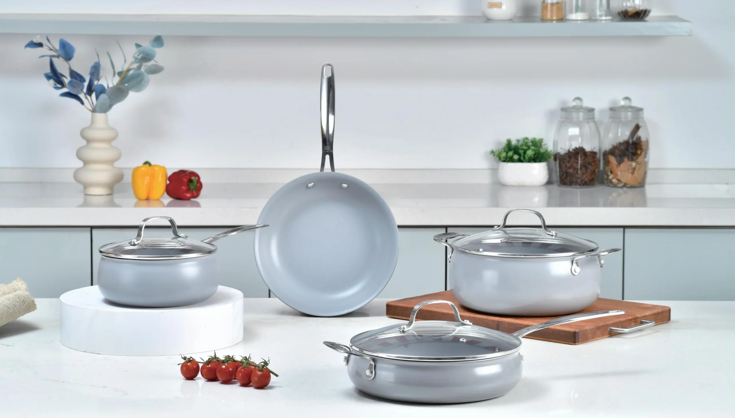 SG 7-Piece Lite Non-Stick Cookware Set | Ceramic Coating | Sauce Pan, Frying Pans, Sauté Pan & Casserole | Stainless Steel Handles | Induction Bottom
