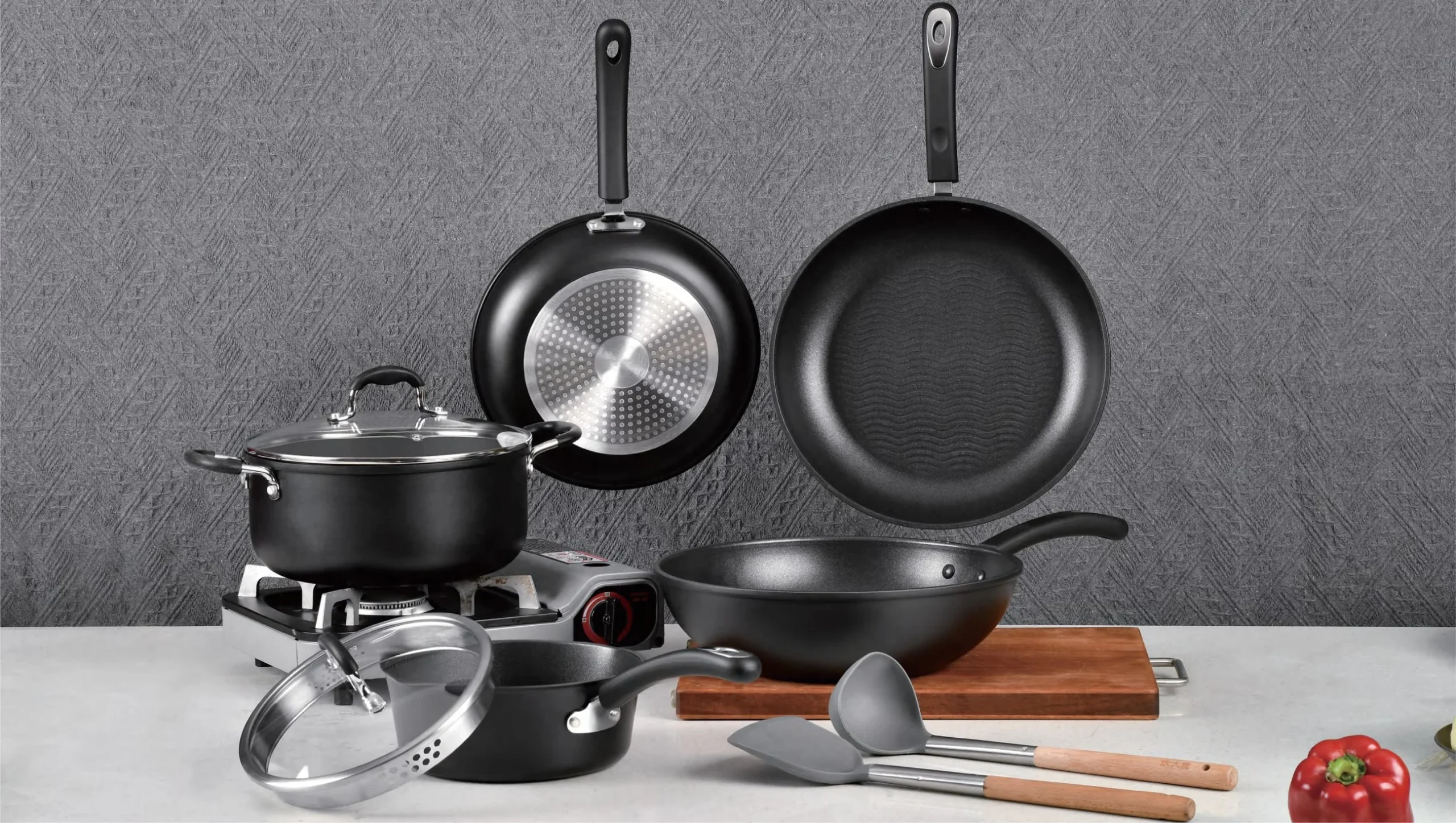 SG 9-Piece Stella Non-Stick Cookware Set | Ceramic Coating | Sauce Pans, Frying Pans, Woks & Casseroles | Glass Lid & Cooking Spoon | Induction Bottom