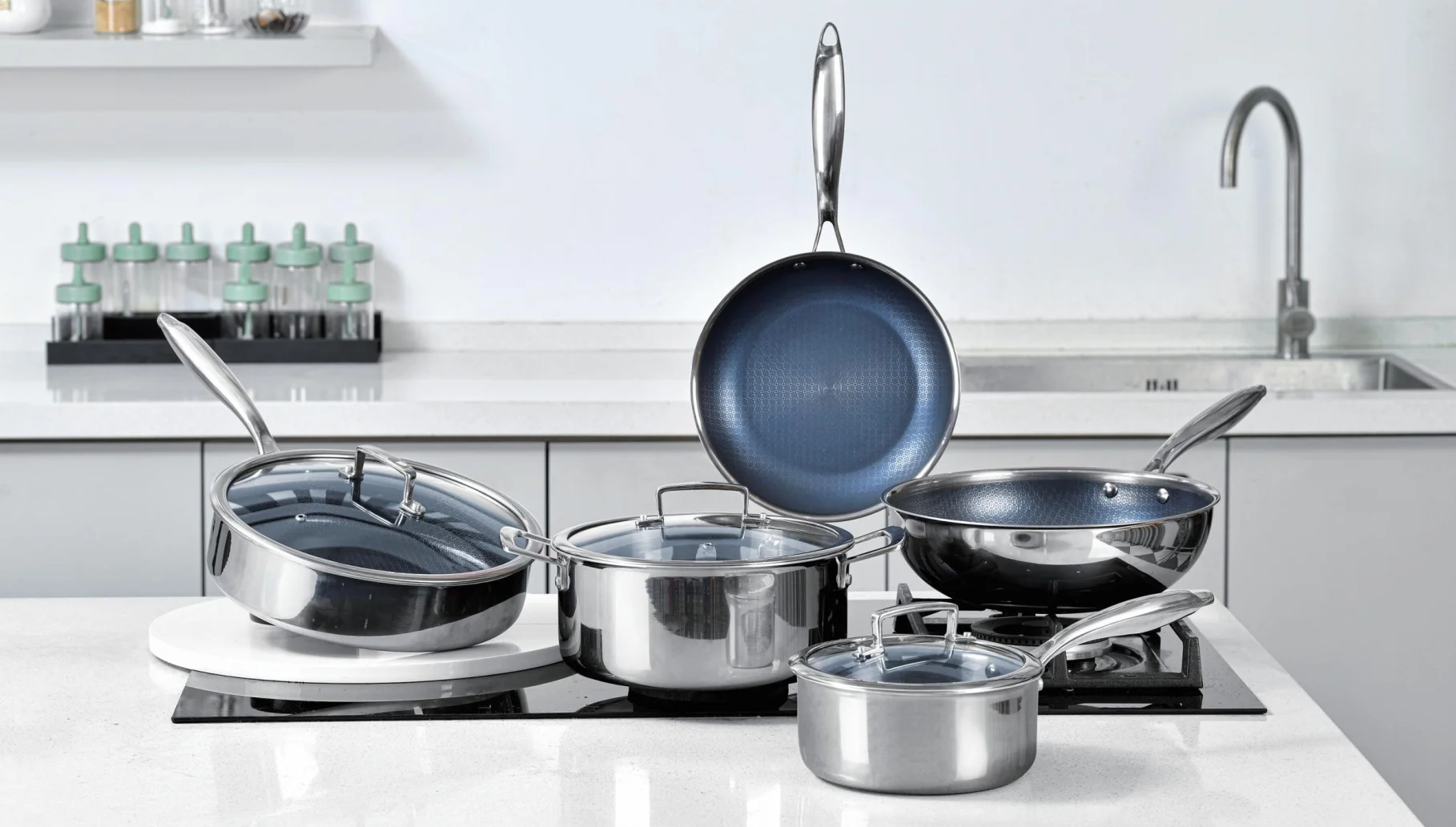 SG 8-Piece Essentials Stainless Steel Cookware Set | S/S 304 | Honeycomb Interior | PTFE Non-Stick Coating | Sauce Pans, Frying Pans, Sauté Pan, Woks & Casseroles
